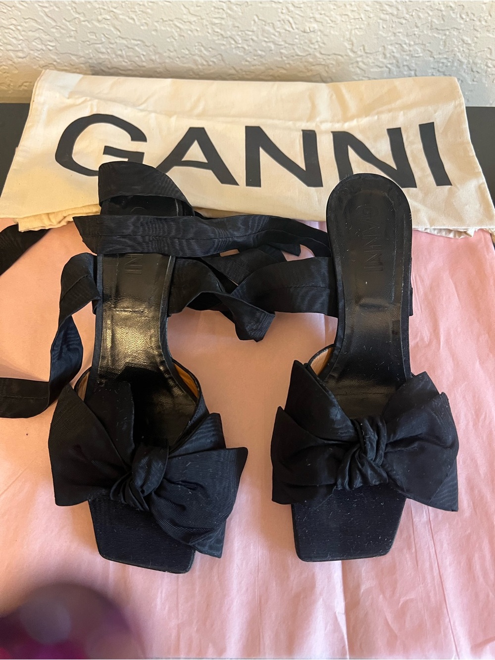 Ganni Black Bow Square-Toe Lace-Up Heeled Sandals